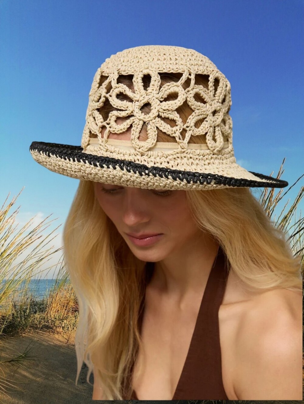 NEW! American Eagle Raffia Flower Crochet Bucket Hat – Natural - Picture 6 of 8